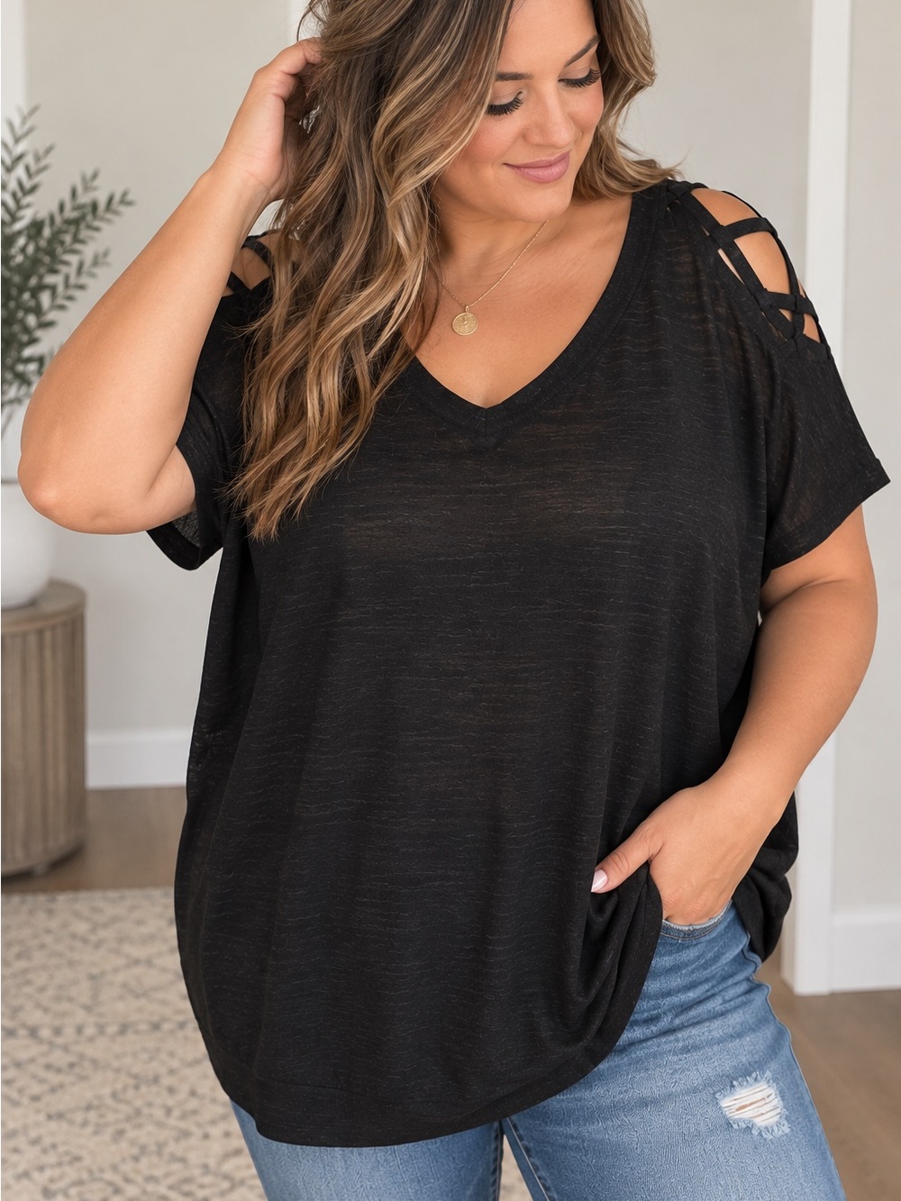 torrid Black Cold-Shoulder V-Neck Tee